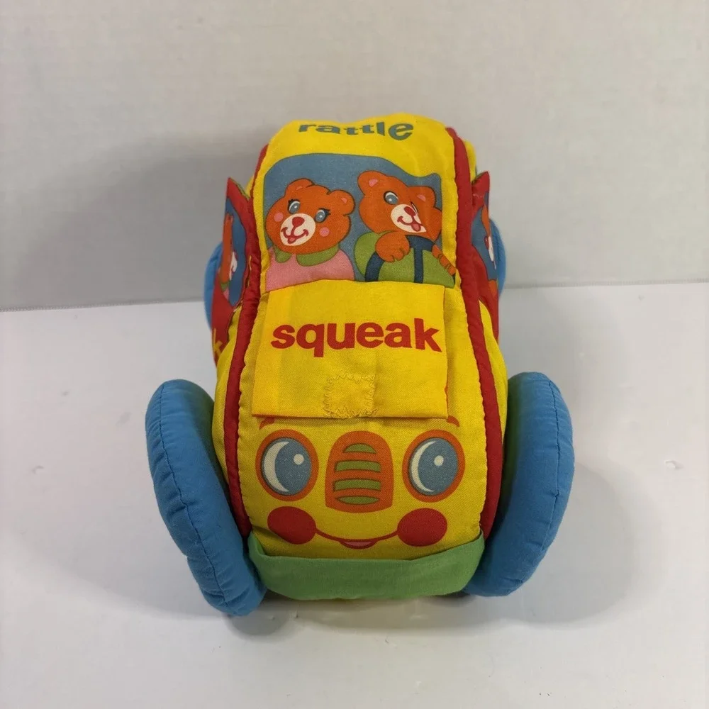 Vintage Playskool Soft Plush Car Toy Squeak Crinkle Rattle Peek-a-Boo Yellow